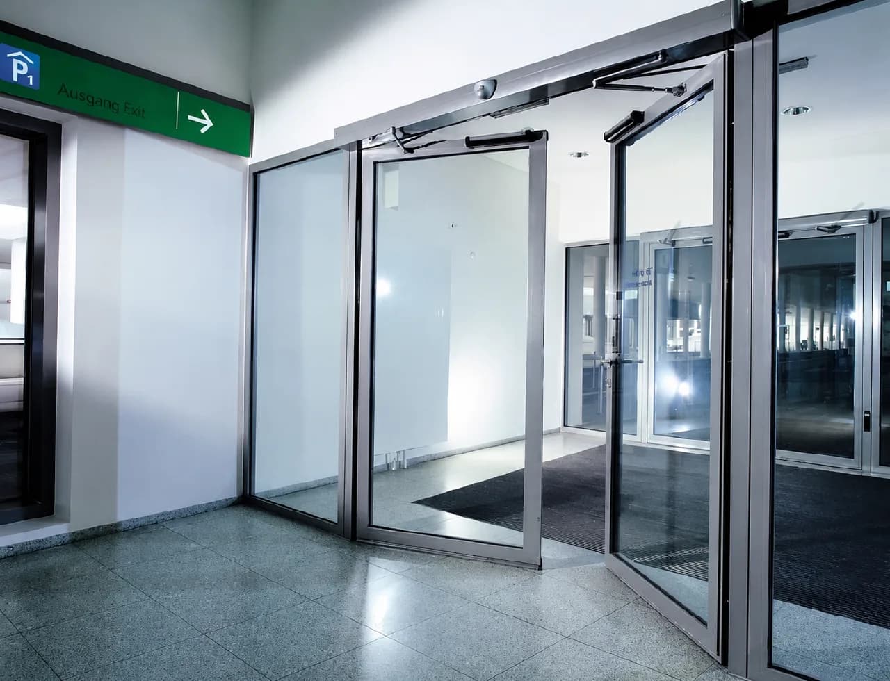 Porte battante vitrée posée en façade : vue d'ensemble de l'ensemble vitré et de son linteau