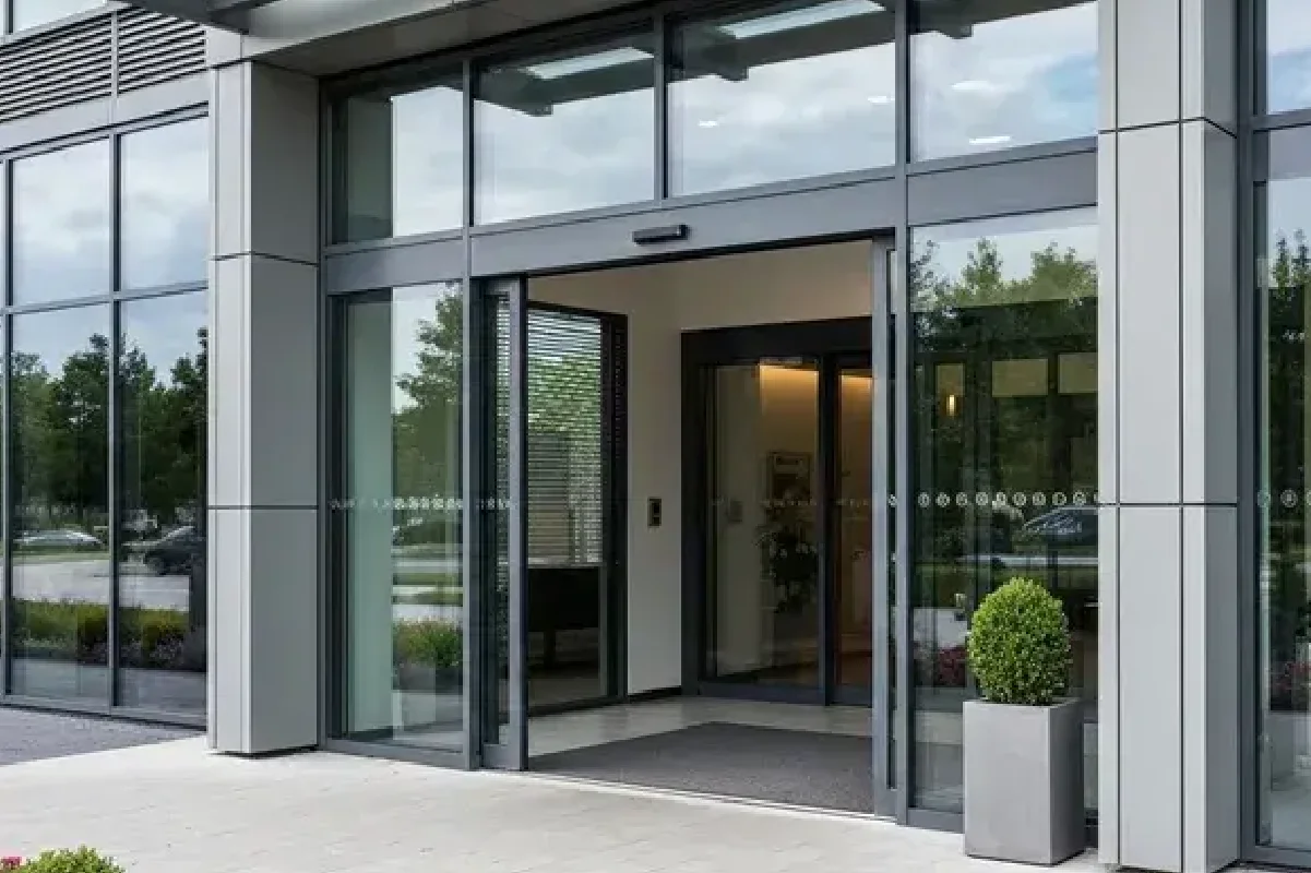 Porte coulissante vitrée posée en façade : vue d'ensemble de l'ensemble vitré et de son linteau