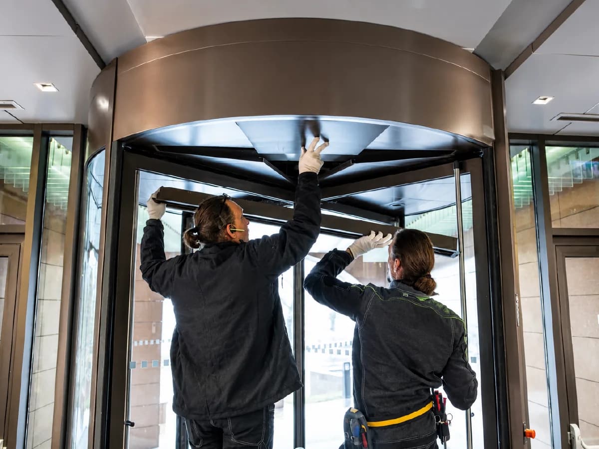 Technicien en intervention de dépannage sur une porte automatique à Paris 16e